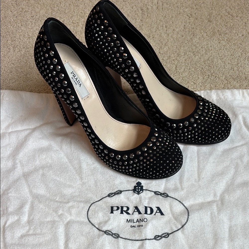 Prada Black Suede Studded Women's Heels Sz 34.5